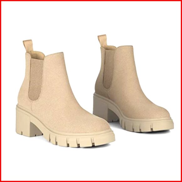 Leozcaa Women Women\'s Chelsea Boots Lug Sole Chunky Heel Slip On Ankle Booties
